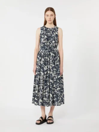 Printed cotton dress with belt, ultramarine