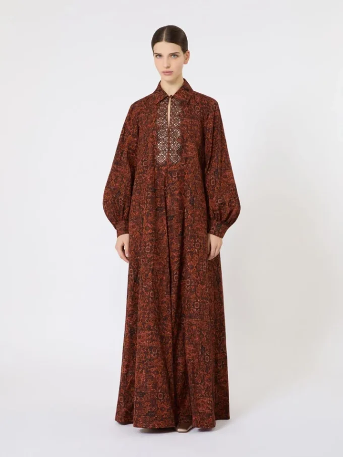 Printed cotton kaftan dress, caramel