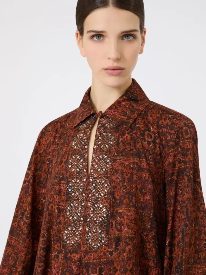 Printed cotton kaftan dress, caramel