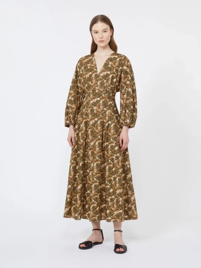 Printed cotton poplin dress, natural