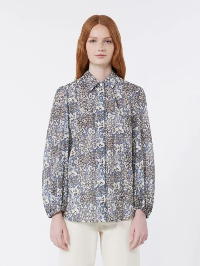 Printed cotton voile shirt, navy Printed cotton voile shirt, navy
