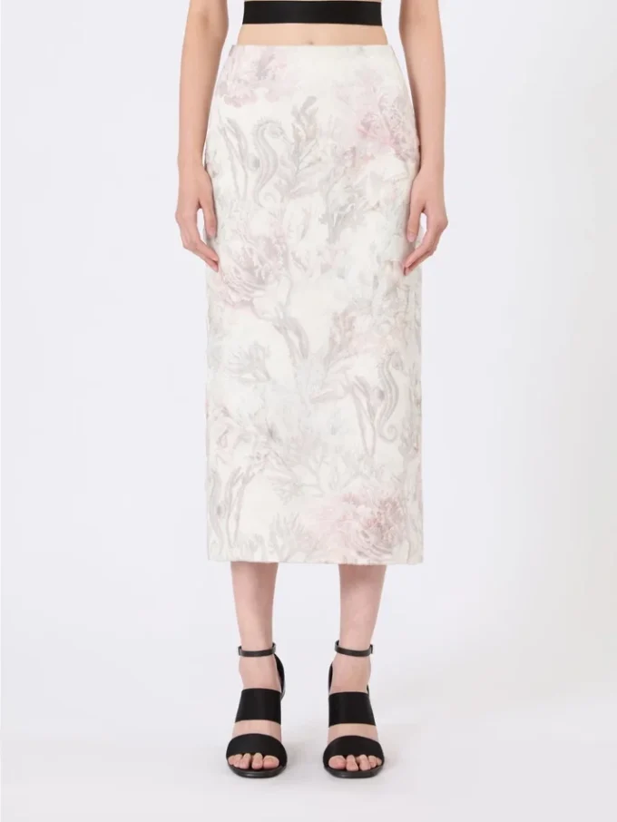 Printed organza and gabardine pencil skirt, white Printed organza and gabardine pencil skirt, white