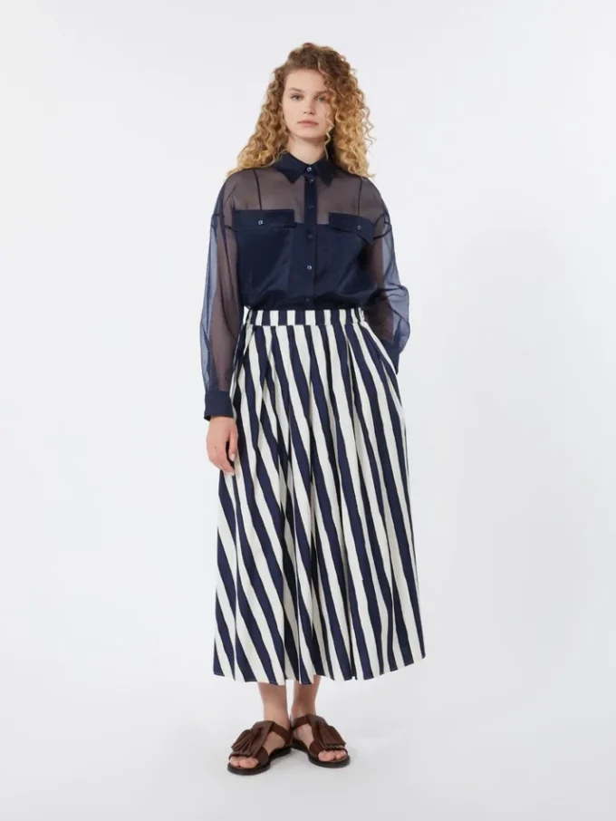 Printed poplin pleated skirt, navy