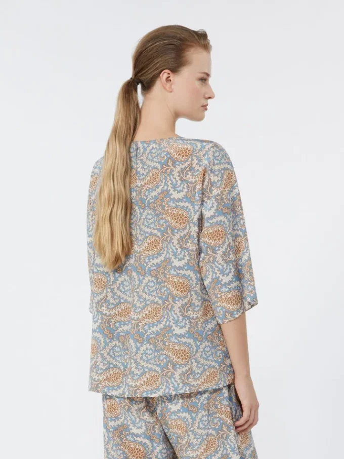 Printed silk crepe de chine blouse, light blue