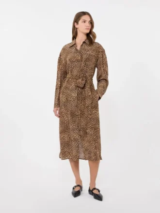 Printed silk crepe de chine shirt dress, camel