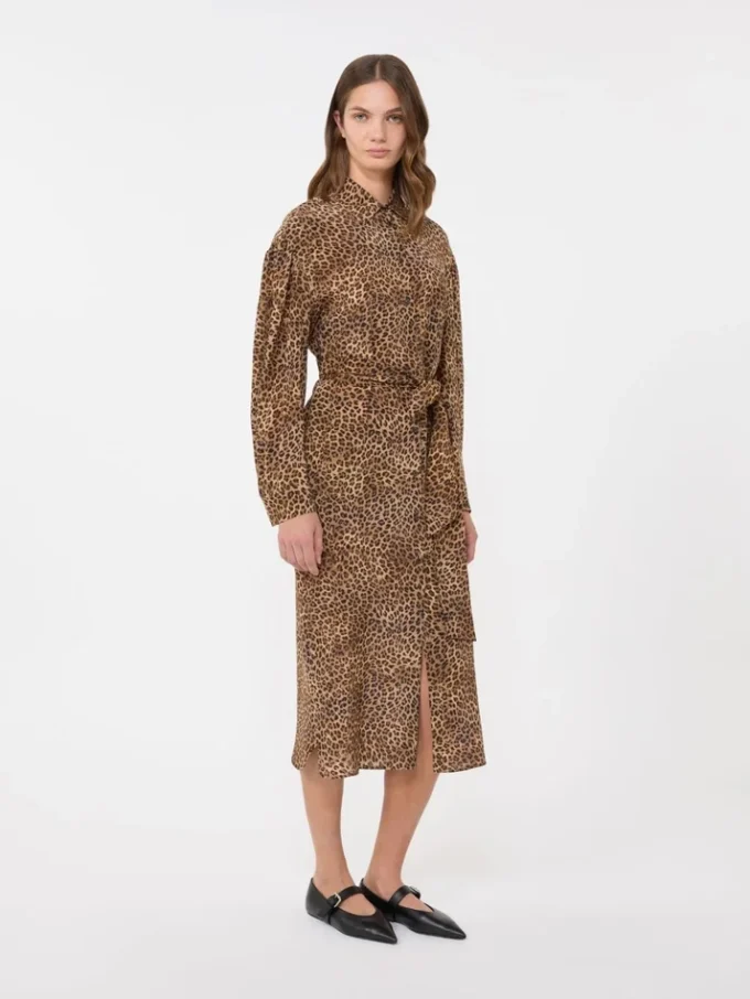 Printed silk crepe de chine shirt dress, camel Printed silk crepe de chine shirt dress, camel