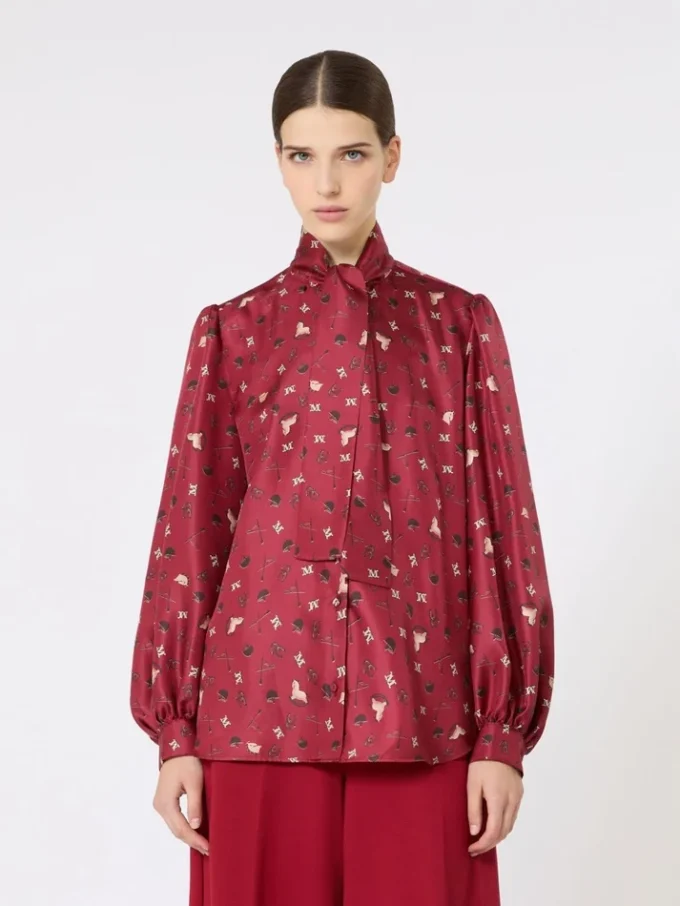 Printed silk pussy-bow shirt, red Printed silk pussy-bow shirt, red