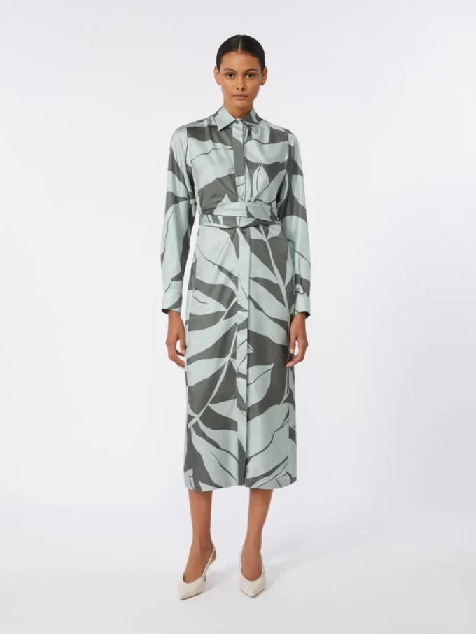 Printed silk shirt dress, green Printed silk shirt dress, green