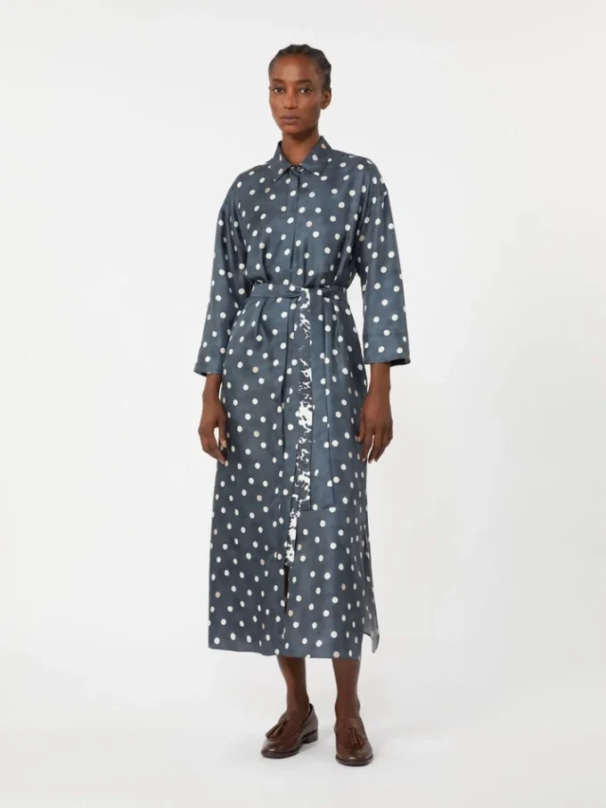 Printed silk twill dress, ultramarine