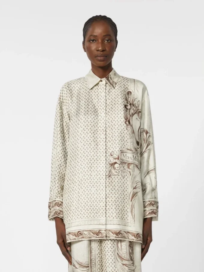Printed silk twill shirt, ivory