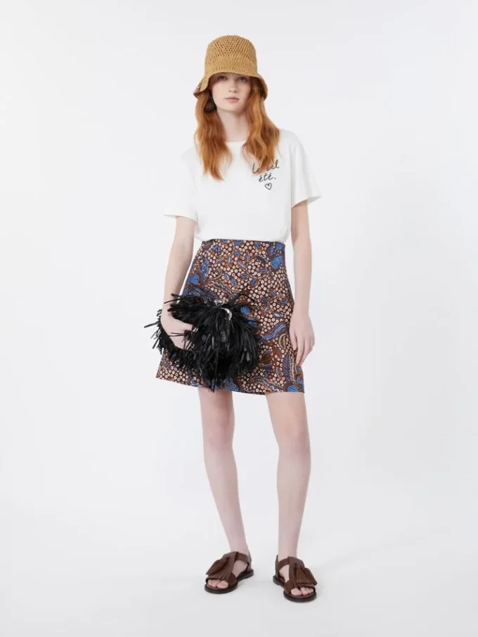 Printed stretch cotton short skirt, tobacco