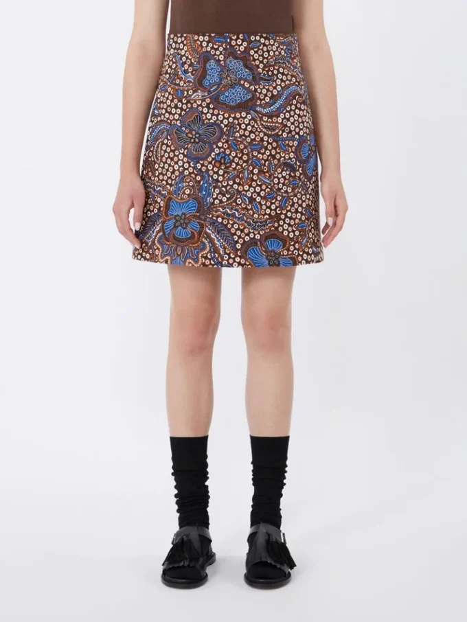 Printed stretch cotton short skirt, tobacco