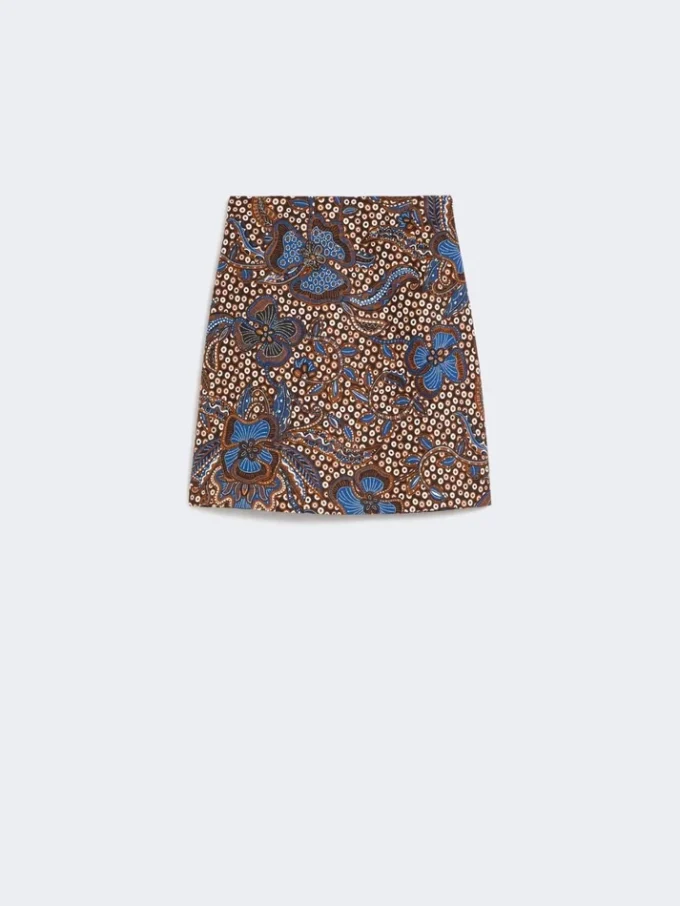 Printed stretch cotton short skirt, tobacco