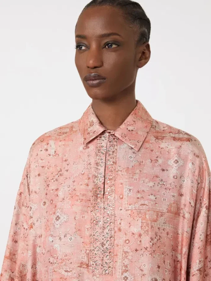 Printed twill kaftan dress, coral