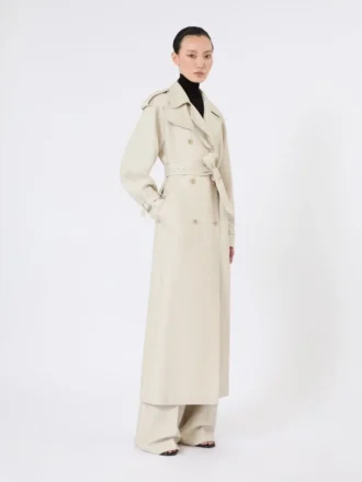 Pure linen drill double-breasted duster coat, sand