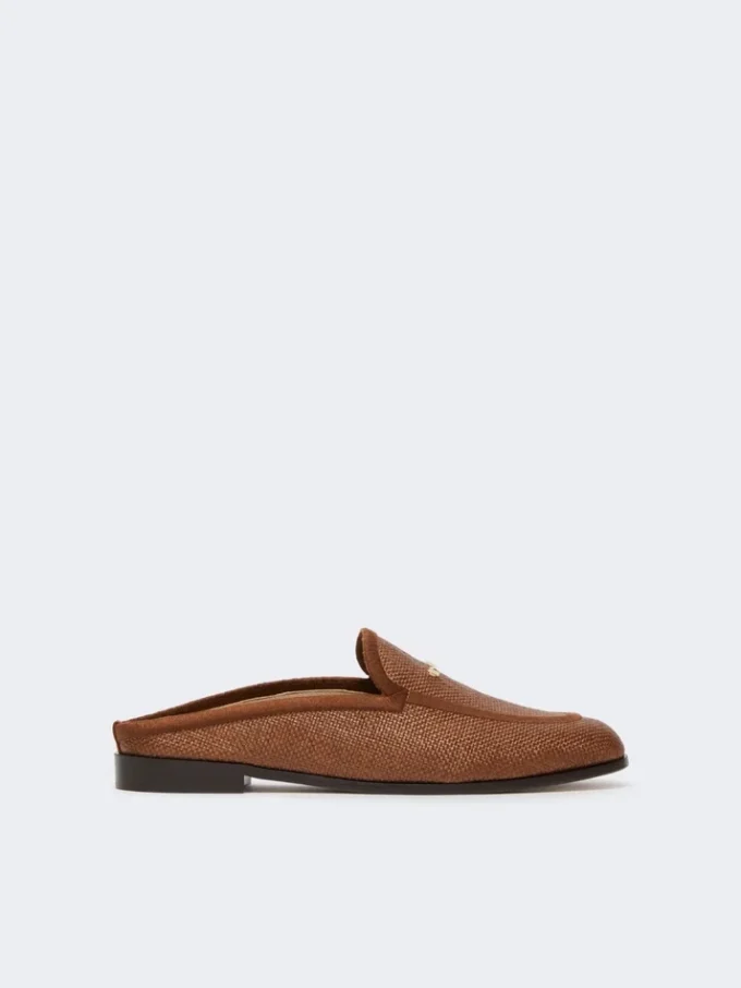 Raffia-effect canvas mules, amber brown