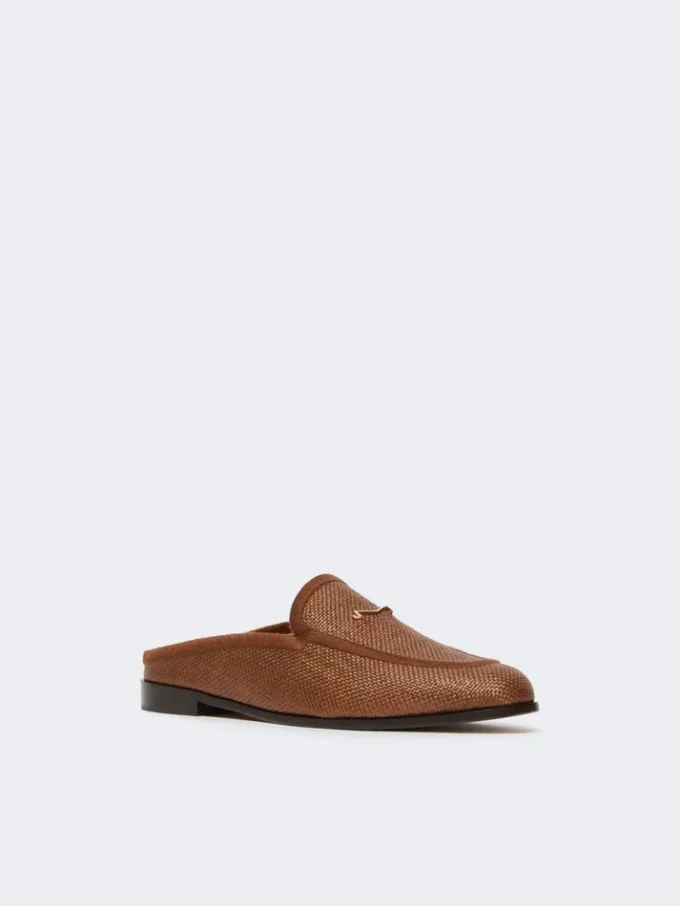 Raffia-effect canvas mules, amber brown