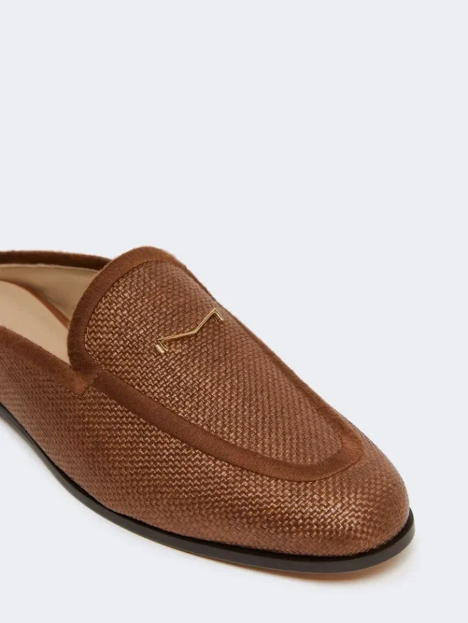 Raffia-effect canvas mules, amber brown