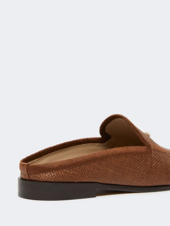 Raffia-effect canvas mules, amber brown