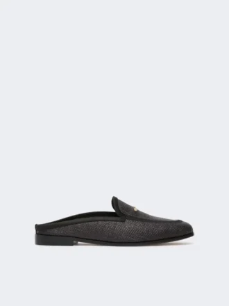 Raffia-effect canvas mules, black