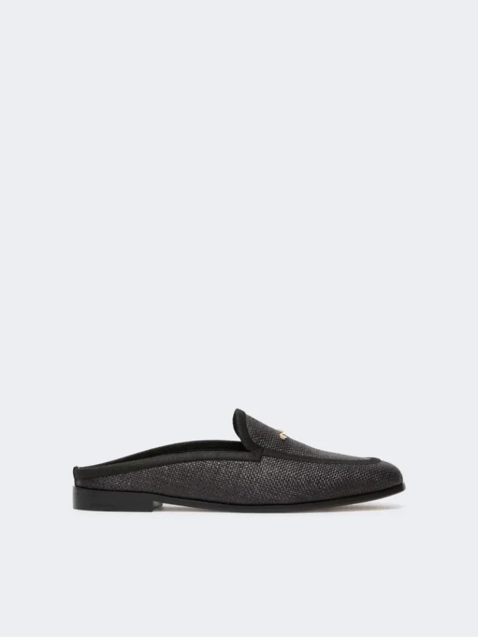 Raffia-effect canvas mules, black