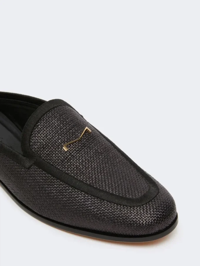 Raffia-effect canvas mules, black