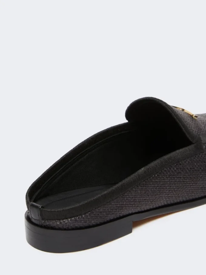 Raffia-effect canvas mules, black