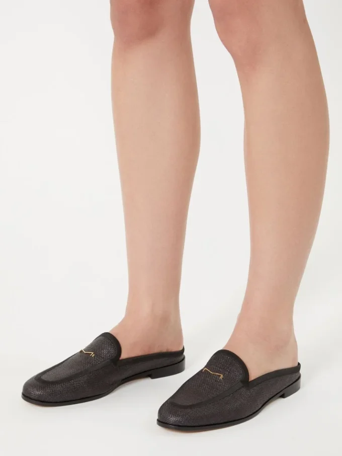 Raffia-effect canvas mules, black