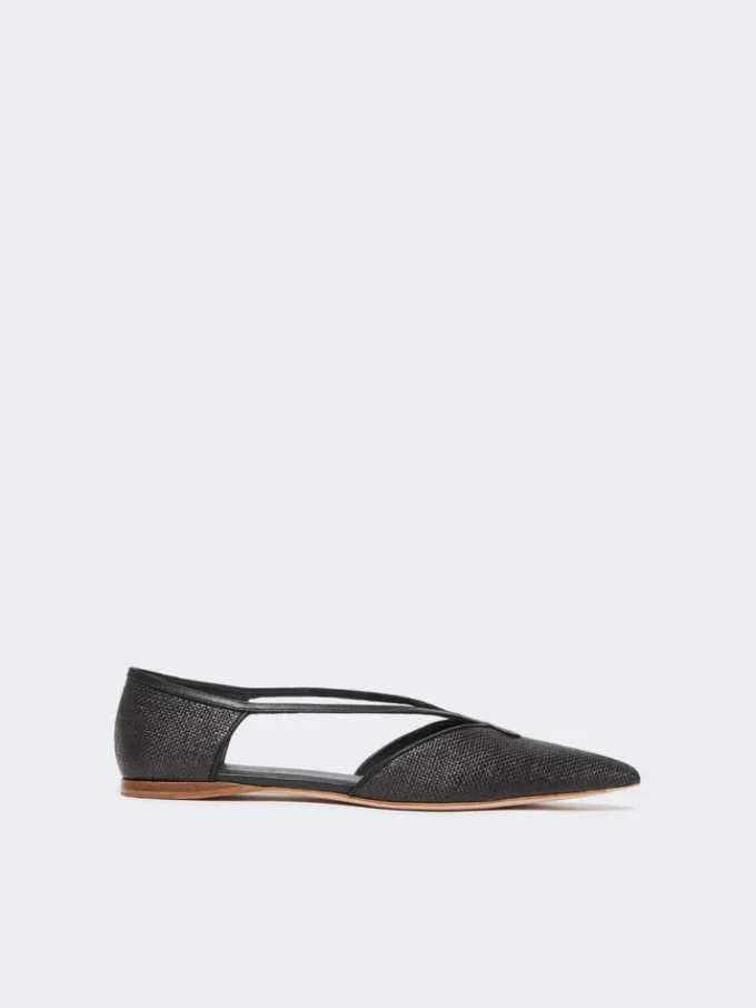 Raffia-look basketweave ballet flats, black