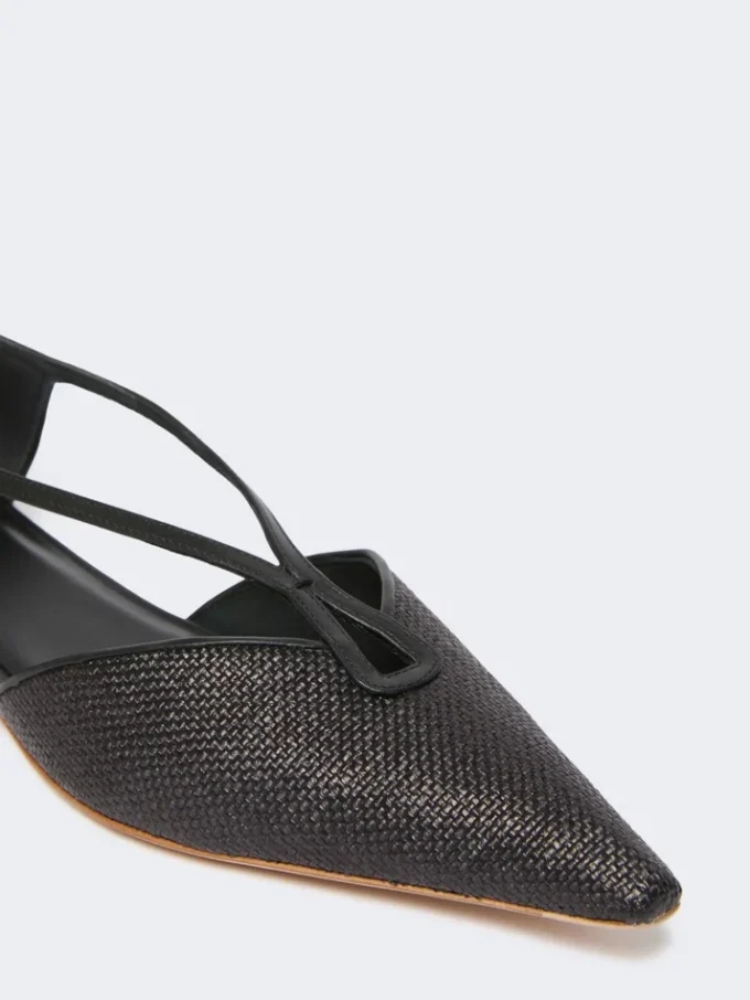 Raffia-look basketweave ballet flats, black