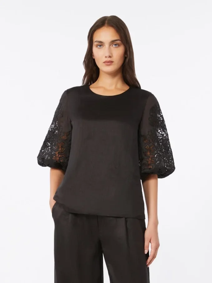 Ramie gauze and broderie anglaise t-shirt, black Ramie gauze and broderie anglaise t-shirt, black