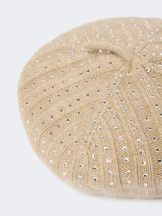 Rhinestone-adorned cashmere beret, sand