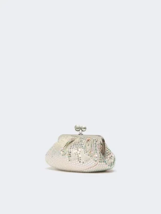 Rhinestone-adorned small satin pasticcino bag, antique rose