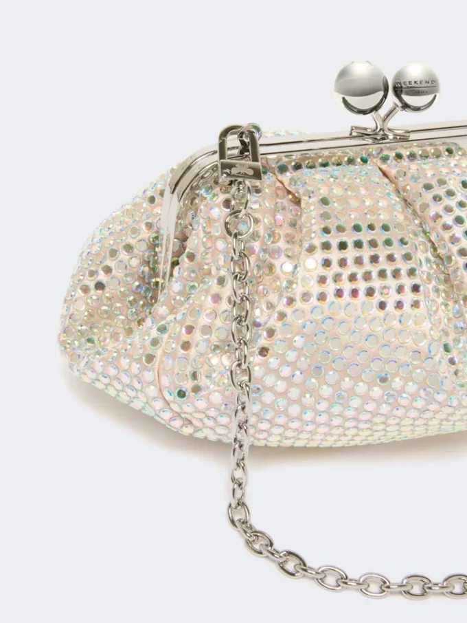 Rhinestone-adorned small satin pasticcino bag, antique rose