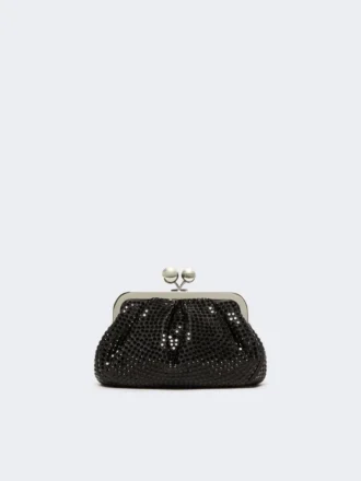 Rhinestone-adorned small satin pasticcino bag, dark grey