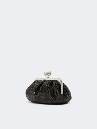 Rhinestone-adorned small satin pasticcino bag, dark grey