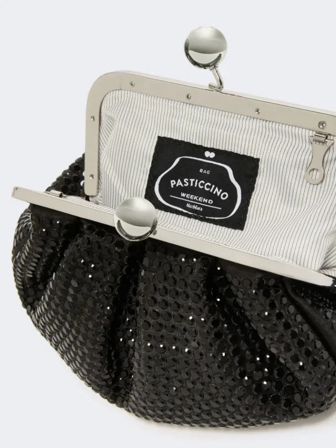 Rhinestone-adorned small satin pasticcino bag, dark grey