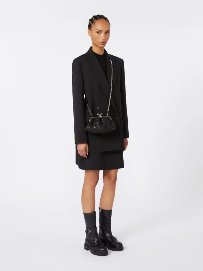 Rhinestone-adorned small satin pasticcino bag, dark grey