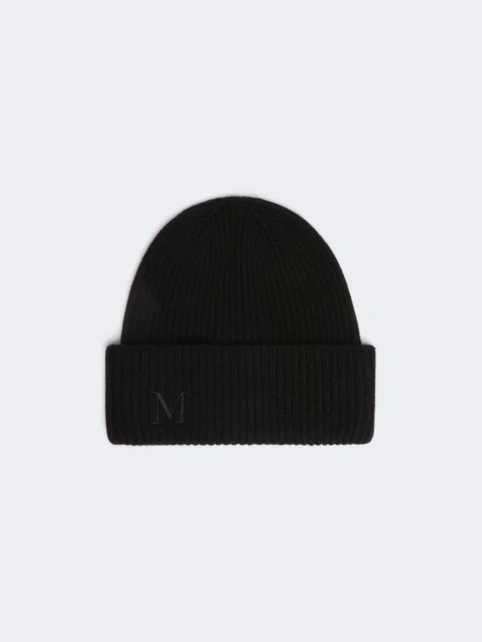 Rib-knit cashmere beanie hat, black
