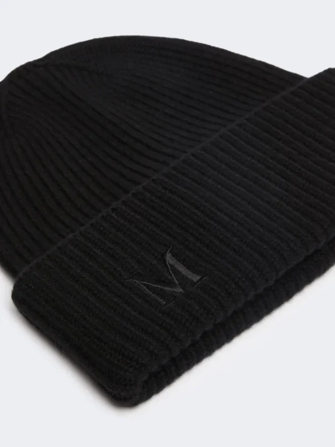 Rib-knit cashmere beanie hat, black