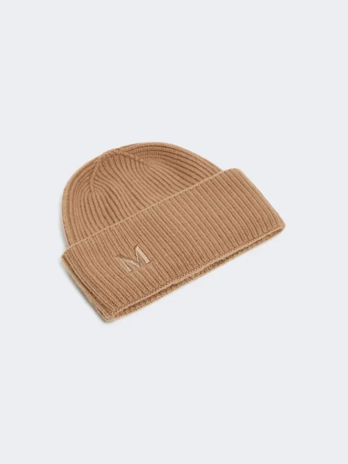 Rib-knit cashmere beanie hat, camel