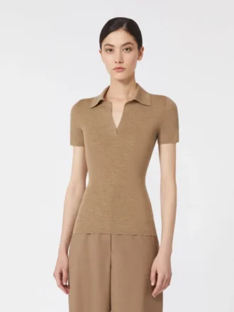 Rib-knit wool polo shirt, gold beige brown