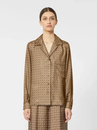 Semi-fitted printed silk shirt, mud