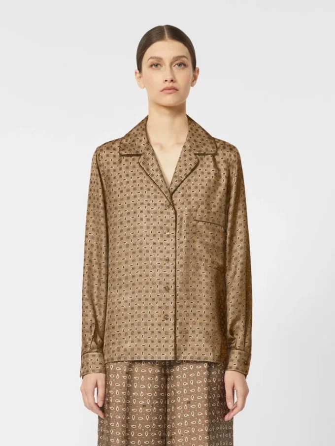Semi-fitted printed silk shirt, mud