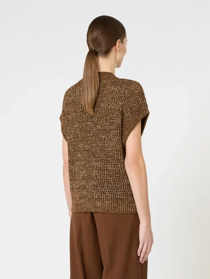 Sequin-adorned mesh-knit cotton sweater, hazelnut brown