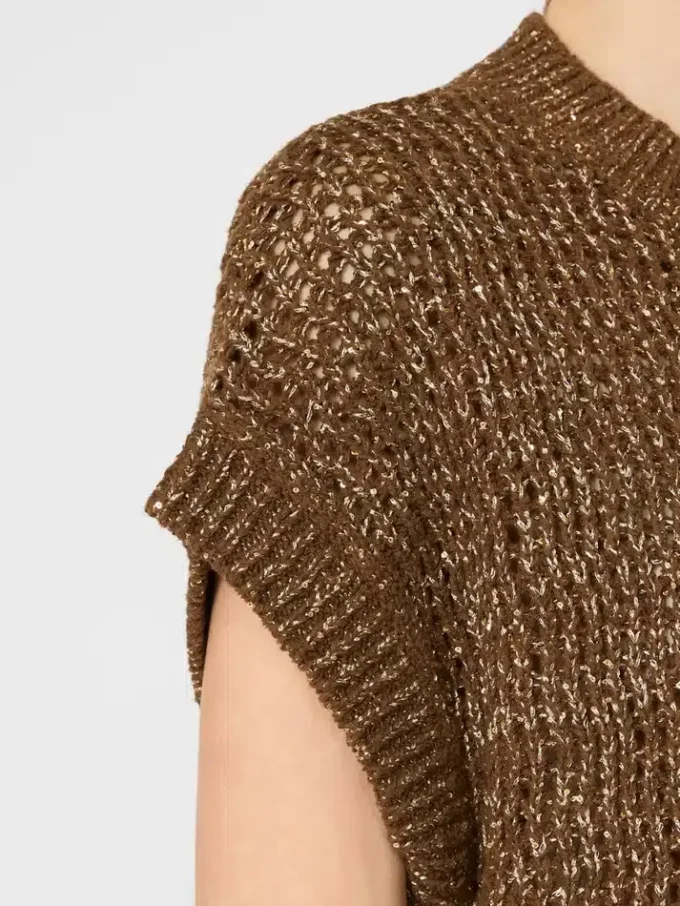 Sequin-adorned mesh-knit cotton sweater, hazelnut brown