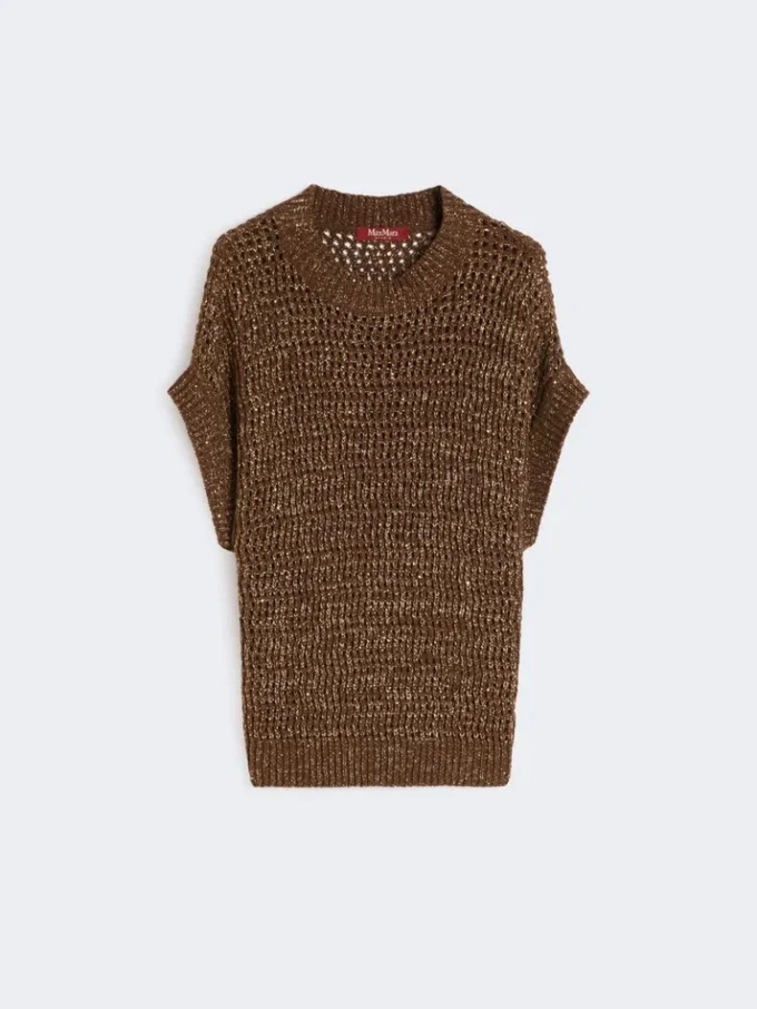 Sequin-adorned mesh-knit cotton sweater, hazelnut brown