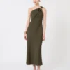 Shiny satin one-shoulder dress, moss green Shiny satin one-shoulder dress, moss green