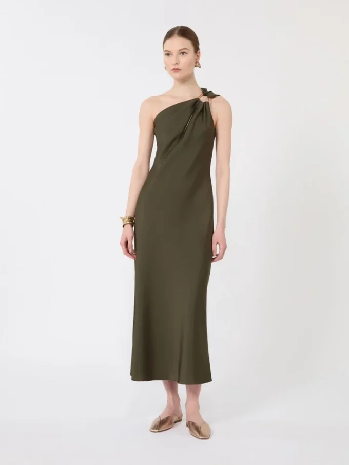 Shiny satin one-shoulder dress, moss green Shiny satin one-shoulder dress, moss green