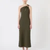 Shiny satin one-shoulder dress, moss green Shiny satin one-shoulder dress, moss green